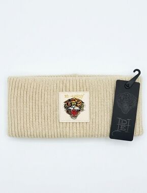 Ed Hardy Tiger Ear Warmer Headband Cream Knit Y2K Tattoo Art NWT